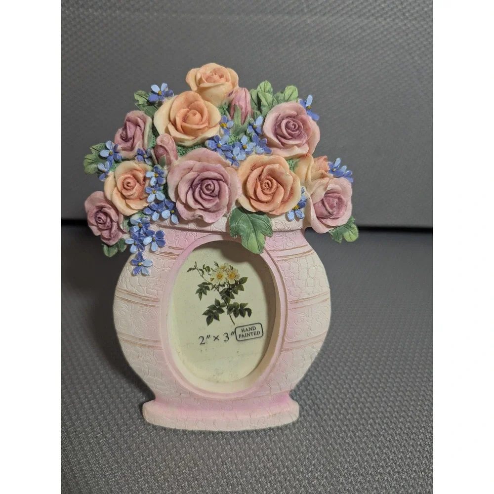 VTG Hand Painted Floral Resin Picture Frame 2x3 Roses Cottagecore Gift Link Inc
